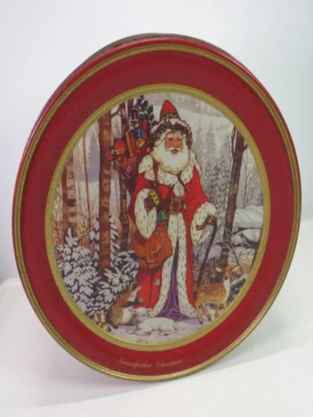 Vintage Grandfather Christmas Metal Tin – Woodland Santa Holiday Storage